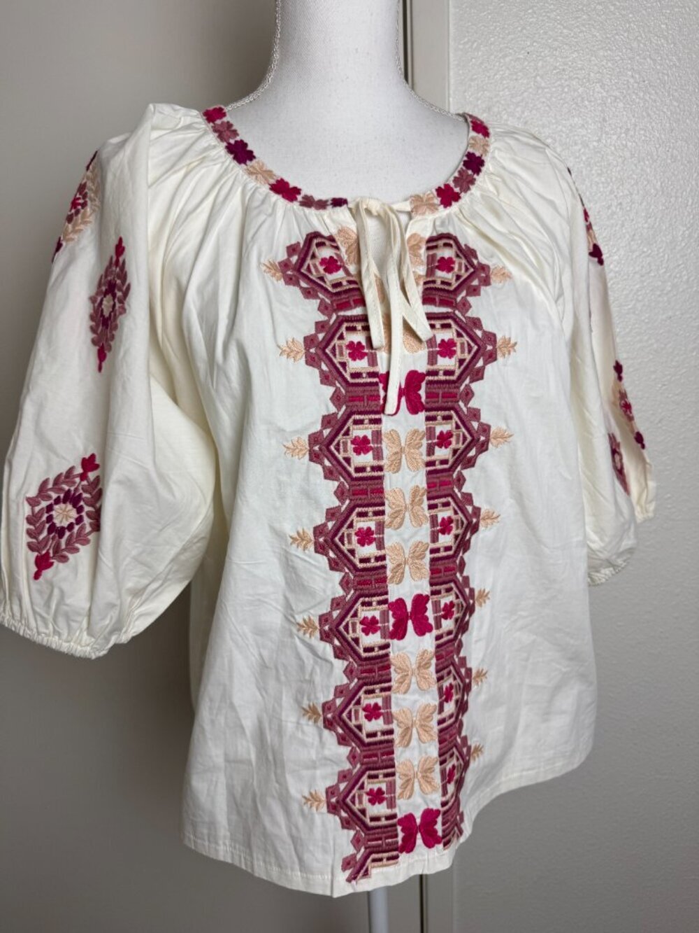 Solitaire Ivory Embellished Blouse 3/4 Sleeve Cotton Tie Size M